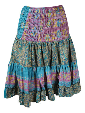 Womens Summer Ruched Skirt Blue, Pink Floral Beach Recycle Silk Skirts S/M